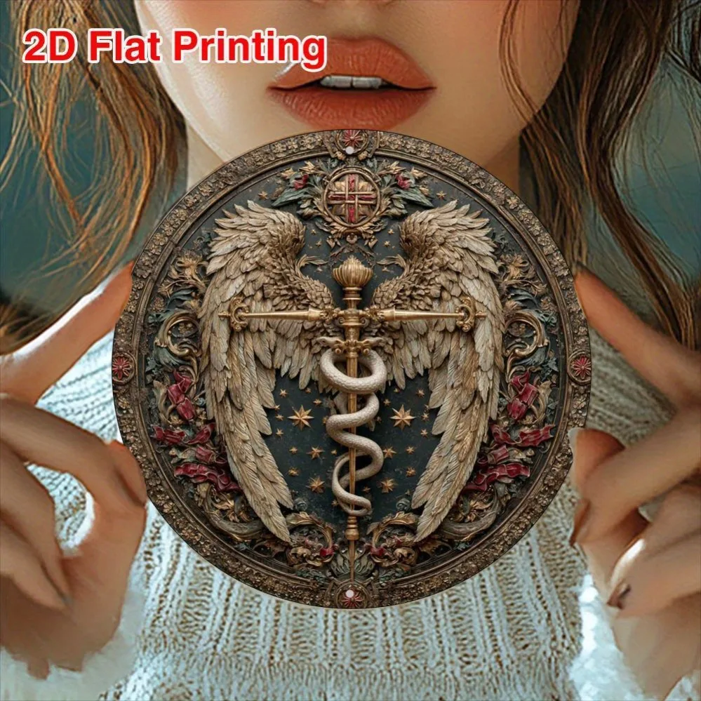 تصميم فني جداري عتيق من الألومنيوم بتصميم Caduceus مزدوج - لهجة ذهبية مقاس 8 × 8 بوصة، ديكور أنيق للمنزل والمكتب والحديقة، هدية للعطلات