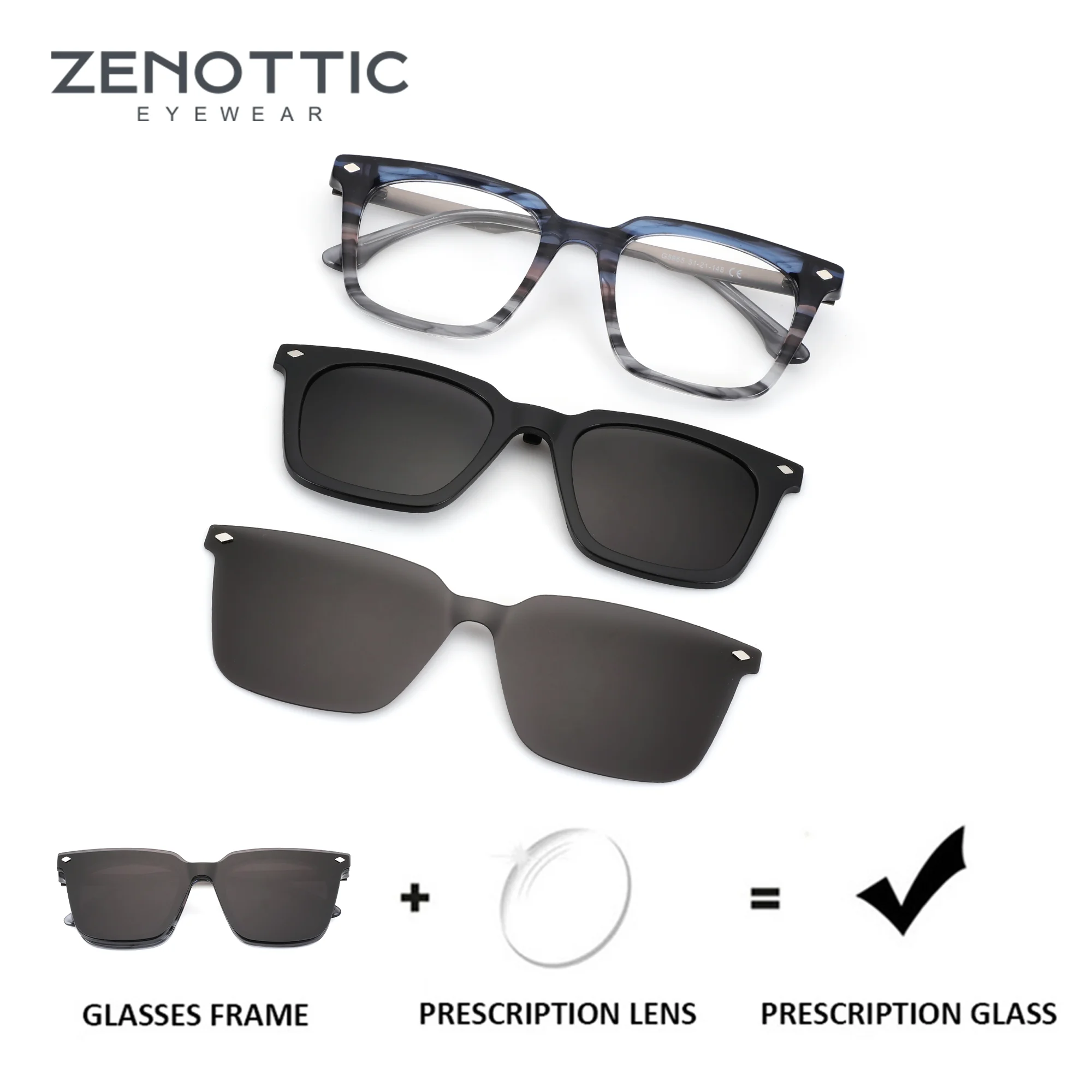 

ZENOTTIC (XL Size）Square Prescription Sunglasses for Men Polarized UV400 Myopia/Progressive Clip On Magnetic Attachment