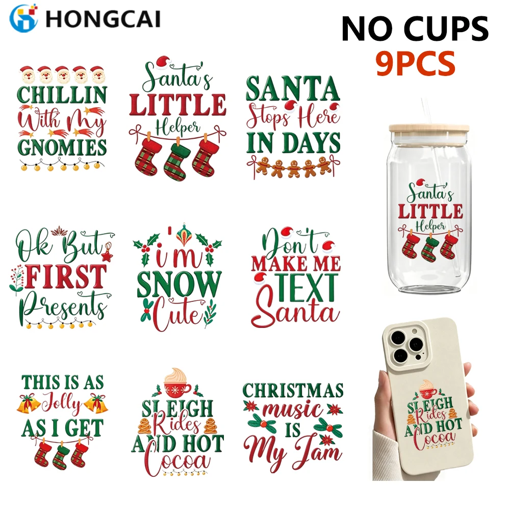 9Pcs Christmas Themed UV Crystal Transfer Stickers | DIY Custom, for Phone Cases, Water Cups & Glass Jars, Holiday Decor
