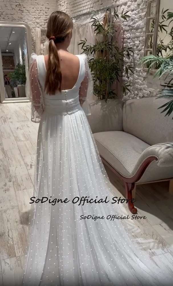 SoDigne gaun pernikahan kain Tule titik A-line kerah persegi lengan 3/4 gaun pengantin Satin jubah pernikahan jubah De Mairee customized disesuaikan