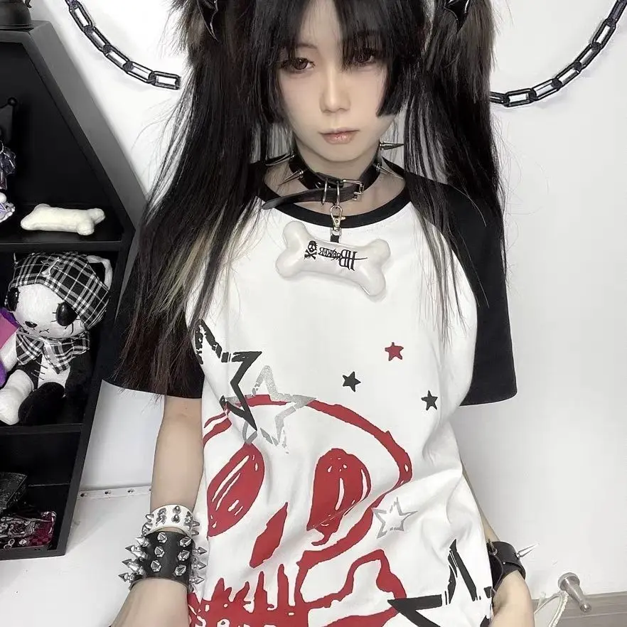 Camiseta de manga corta empalmada de estilo japonés 2k, novedad de verano, top estampado a la moda para mujer