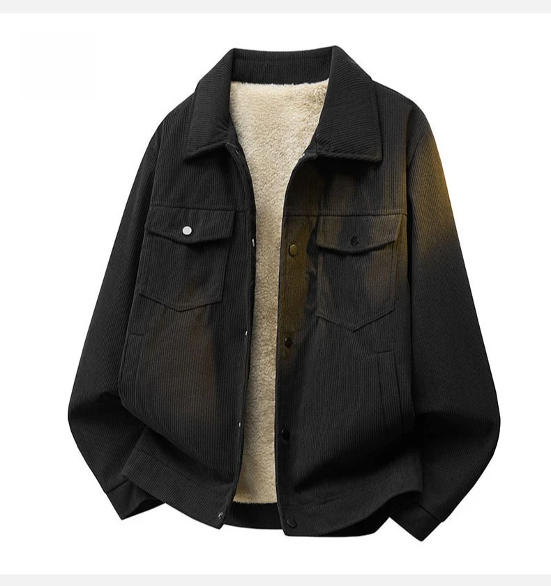 Winter-Fleece-Warme-Cordjacke für Herren, Revers-Cargojacke mit Innentasche, Arbeitsjacke mit Knöpfen, Dicker Grüner Mantel mit Taschen, Oberteile für Männer, S-4XL – Detail 7