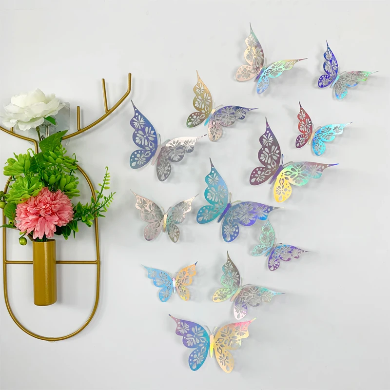 12pcs 3D Hollow Colorful Butterflies Wall Sticker for Kids Room Gold Silver Wedding Decoration Living Room Decor Wall Decals