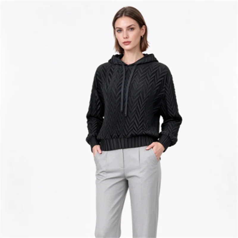 Miyake Women Light Blue Gray Pleated Hoodie, Textured Long Sleeve Sweatshirt, Casual Loose Pullover