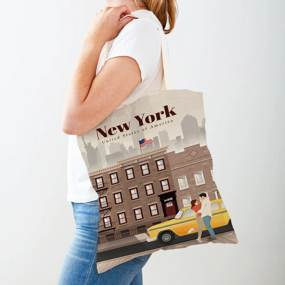 Bolso de mano de lona con estampado doble para mujer, bolsa de compras informal, con mapa de la ciudad de Londres, Nueva York, París, España