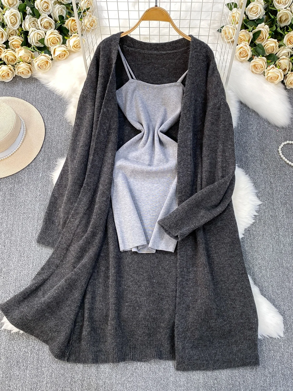 

Faionable Winter Thi Soft Mid-Length Sweater Cardigan + Csole Dr Set Women's Premium Feel Long Sve V-Ne Two-Pi...