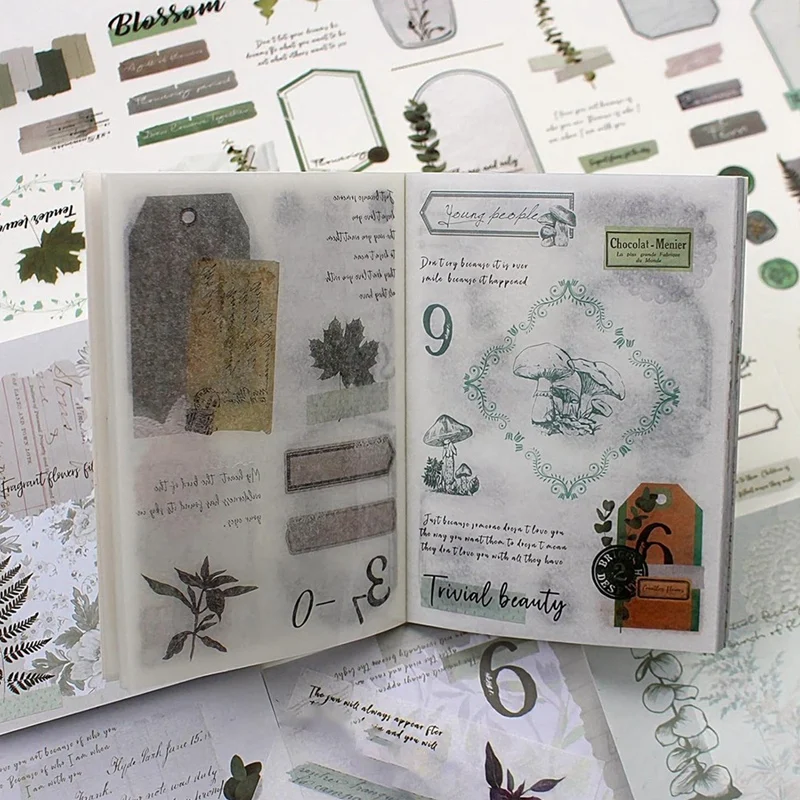 40 Sheets Nature Themed Washi Stickers Book For Adults, Botanical Plant Stickers Junk Journaling Scrapbook Supplies