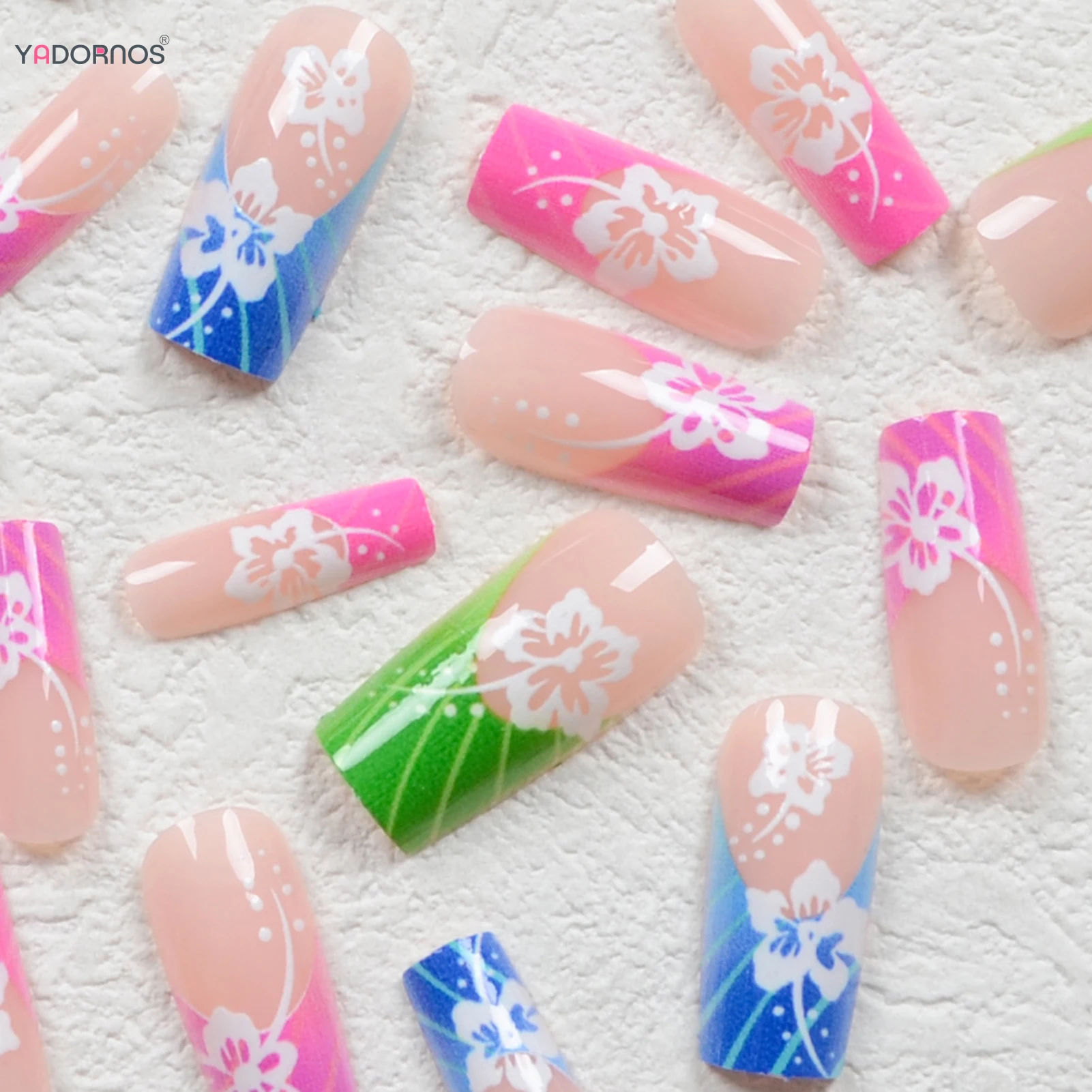 Summer Press on Nails unghie finte colorate in stile francese lunghe ballerine Charms Manicure Flower Designs punte per unghie finte coreane