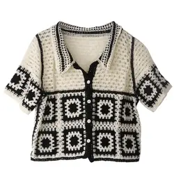 Floral Crochet Vest Top Collared Button-up Short Sleeve Sheer Crop Knit Top Cardigan for Women Teengirl Fairycore Vintage Outfit