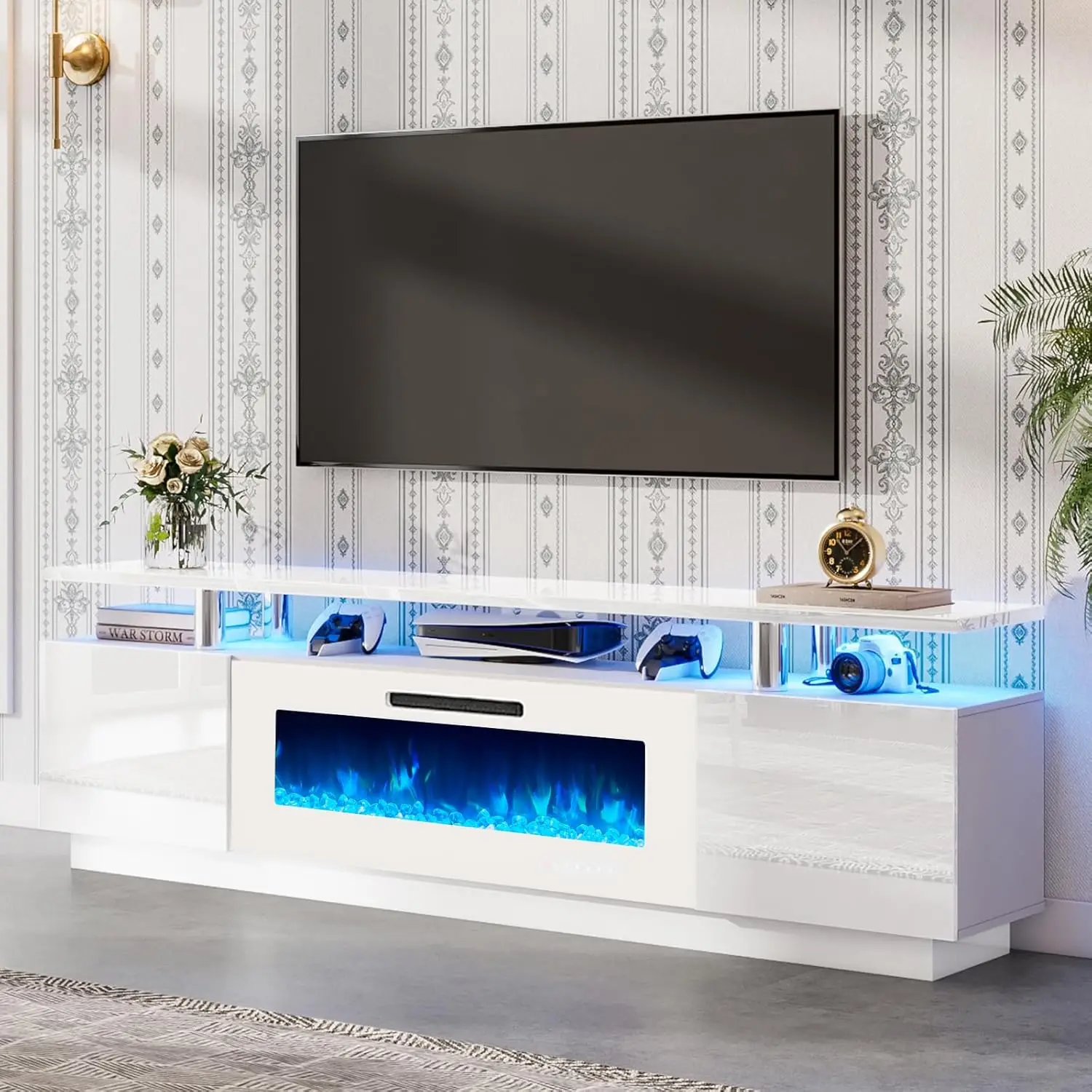 

80" Fireplace TV Stand, Modern High Gloss Finish Media Console with 40" Electric Fireplace