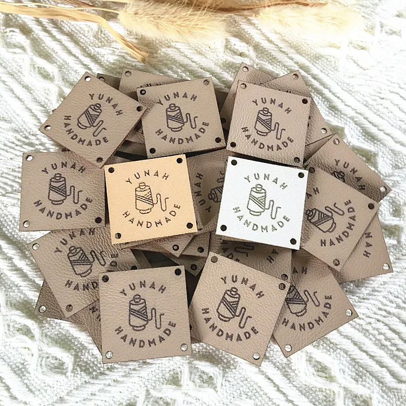 30pcs Handmade labels for crafts Sewing leather logo tags for knitting clothing Personalized square label for crochet garment