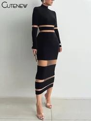 NIBBER Women's Elegant Turtleneck Stripe Knitted Maxi Dress Full Sleeves Body-shaping Robe Evening Sexy Attirewear Vestidos