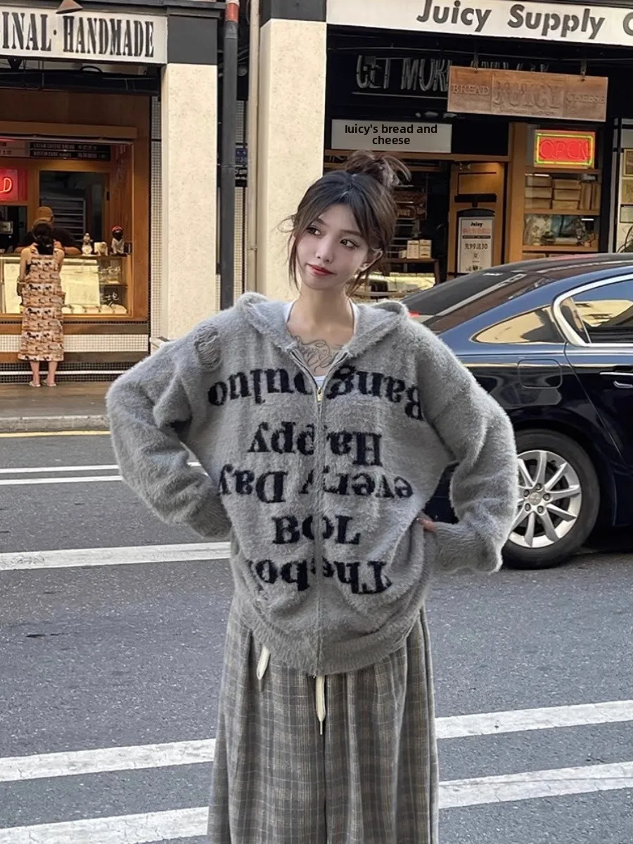 

Винтажная толстовка в американском стиле, свободного кроя, с капюшоном, на молнии, с буквенным принтом, повседневный осенний свитер для пар