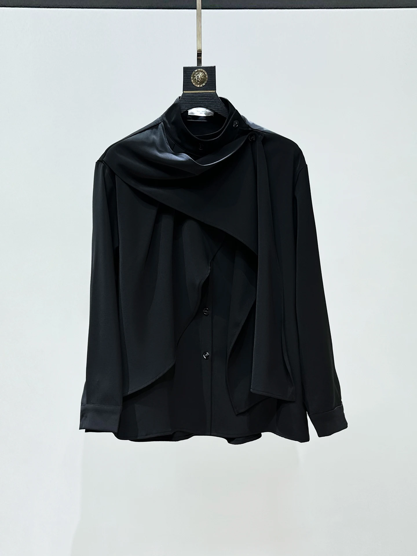 

Asymmetric Design Long Sleeve Shirt Stand Collar Draped Polyester Fiber Spring Autumn Youth Style Casual Shirt for Men