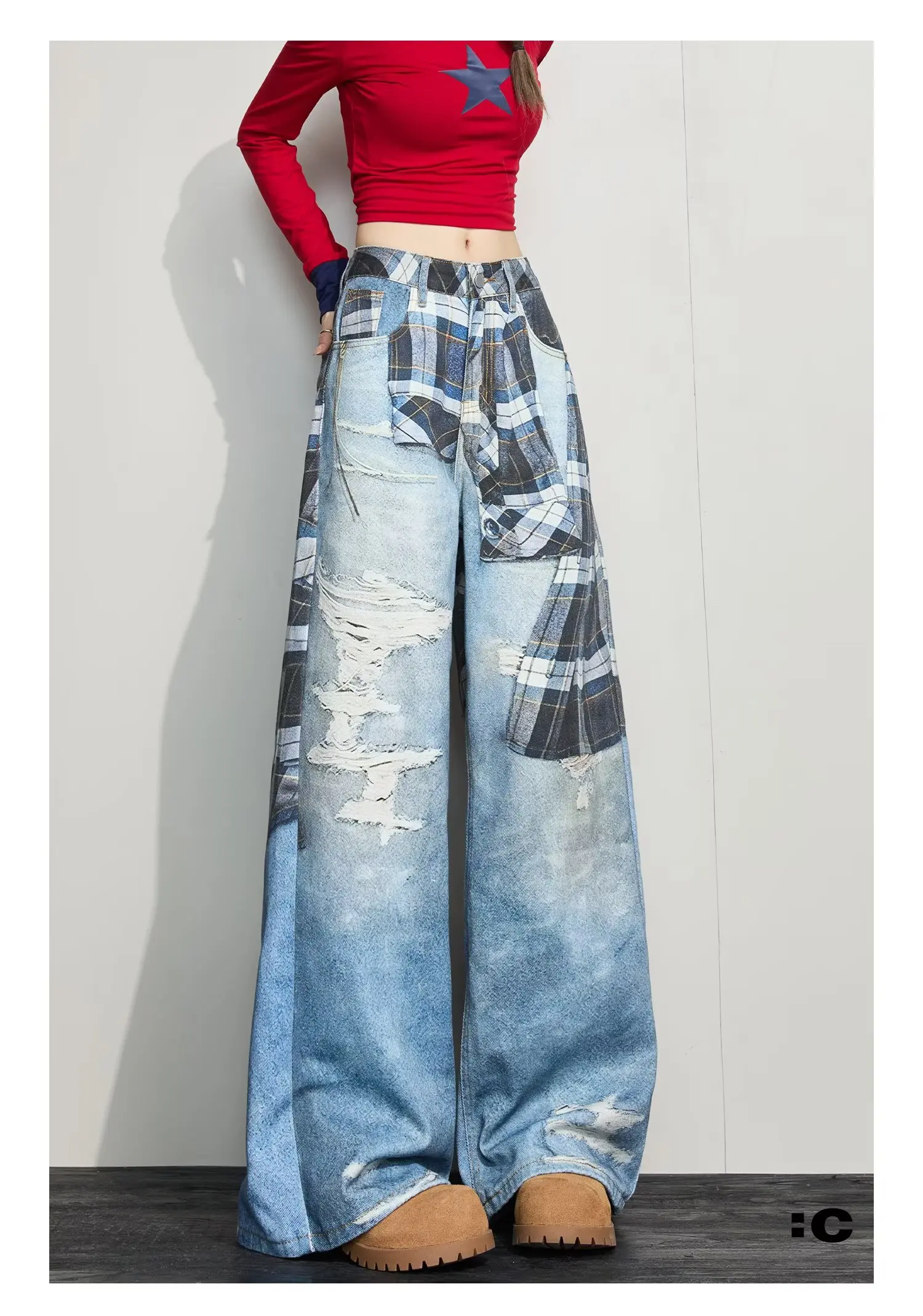 جينز على الطراز الأمريكي مطبوع ثلاثي الأبعاد مع شبكات مثقوبة سروال نسائي كلاسيكي مغسول بأرجل واسعة كاجوال وعصري