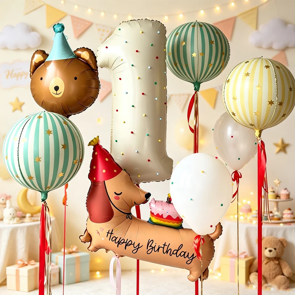 Kleiner Bär Wursthund Ballon-Set Milchweiße Zahlen- und Streifenballons Geeignet für Geburtstags- und Taufthemen-Dekoration – Detail 3