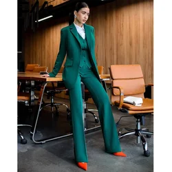 Elegant Green Pink Women's Two Piece Set 3 Piece Jacket Pants Vest Suits for Female Slim Fit Formal Office Lady Blazers Sets