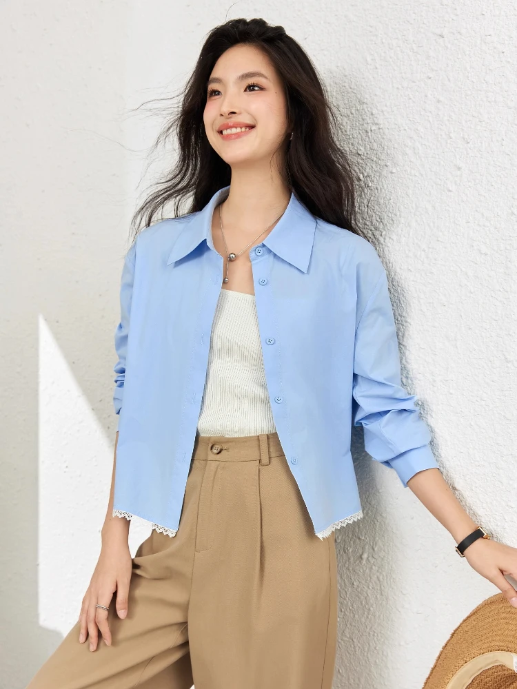 

VIMLY синие укороченные рубашки женские, осень 2022, повседневные, из 100% хлопка, с длинным рукавом, с кружевным подолом, на пуговицах, женские топы, женская одежда A1981