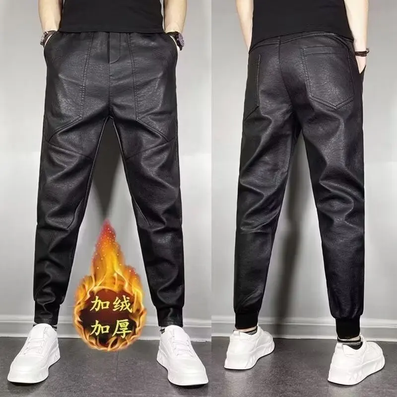 Pu レザーオートバイパンツ男性高品質冬の高級衣類ビッグサイズ防風カジュアル暖かいメンズ黒ズボン