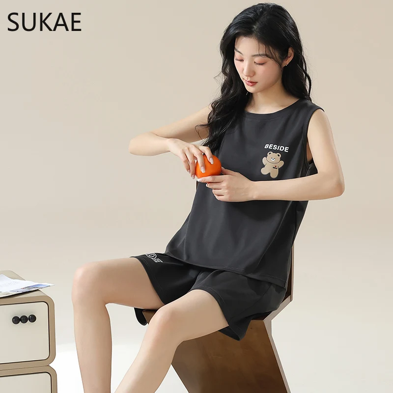 SUKAE Hot Sleeveless Sleepwear Summer Faux Cotton Pajama Sets for Women Cartoon Pjs Sleepwear Korean Kawaii Vest Nightwear