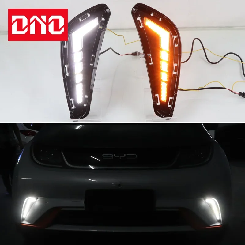 Car LED DRL 12V Daytimes Running Lights For BYD Dolphin 2021 2022 Yellow Turn Signal Night Blue Running Lamps Car Foglamps