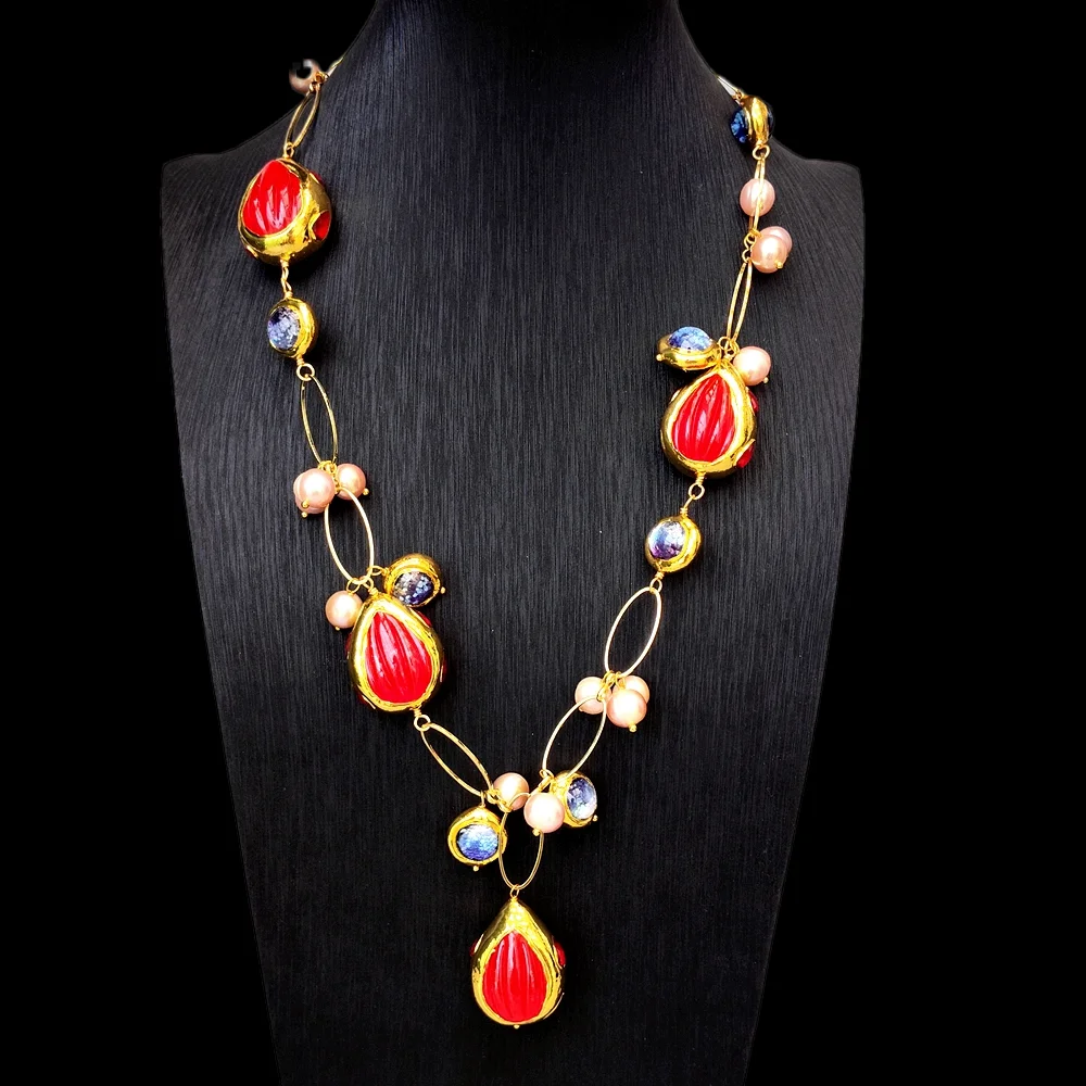 

YYGEM Cultured Purple Pearl 16mm Murano Glass 24x30mm Red Quartz Pendant Necklace Boho Style Jewelry Multistone