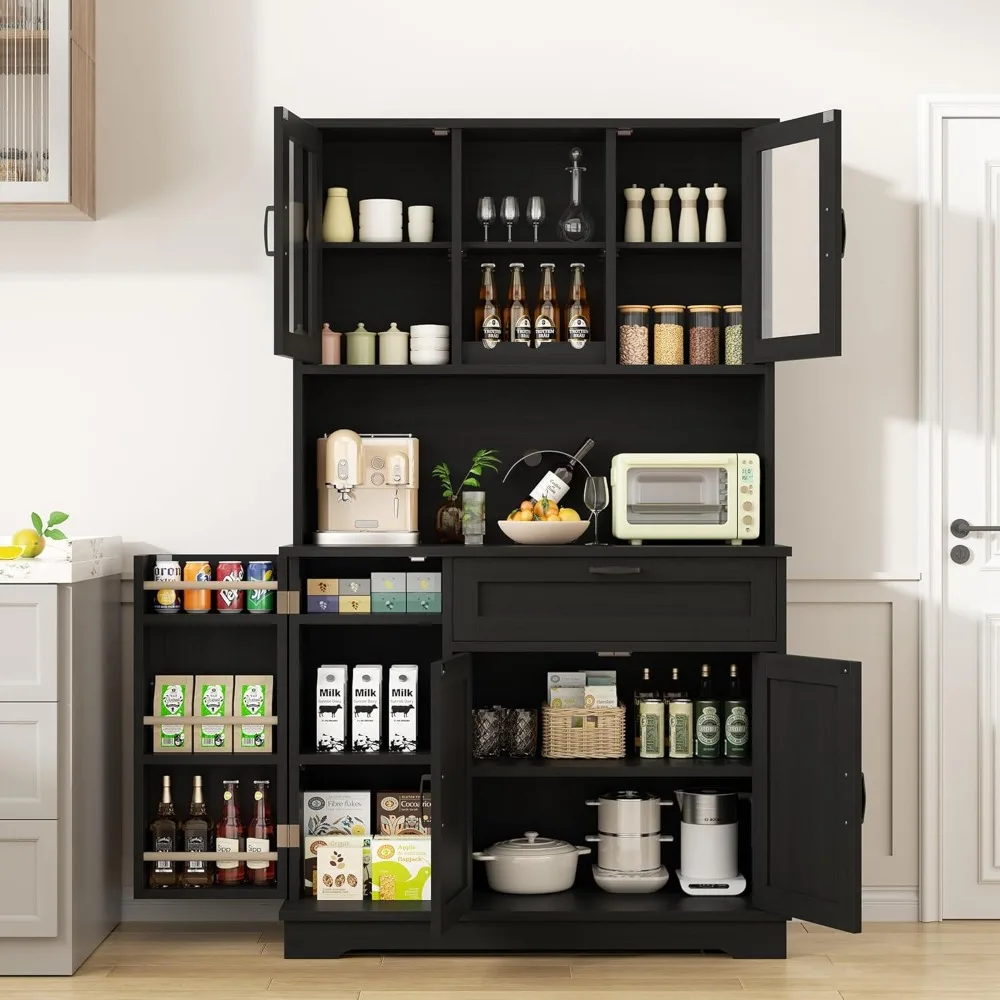 

Kitchen Pantry Storage Cabinet, Freestanding Buffet Cabinet with Microwave Stand & 4 Door Shelves, Kitchen Hutch with Doors, Ad