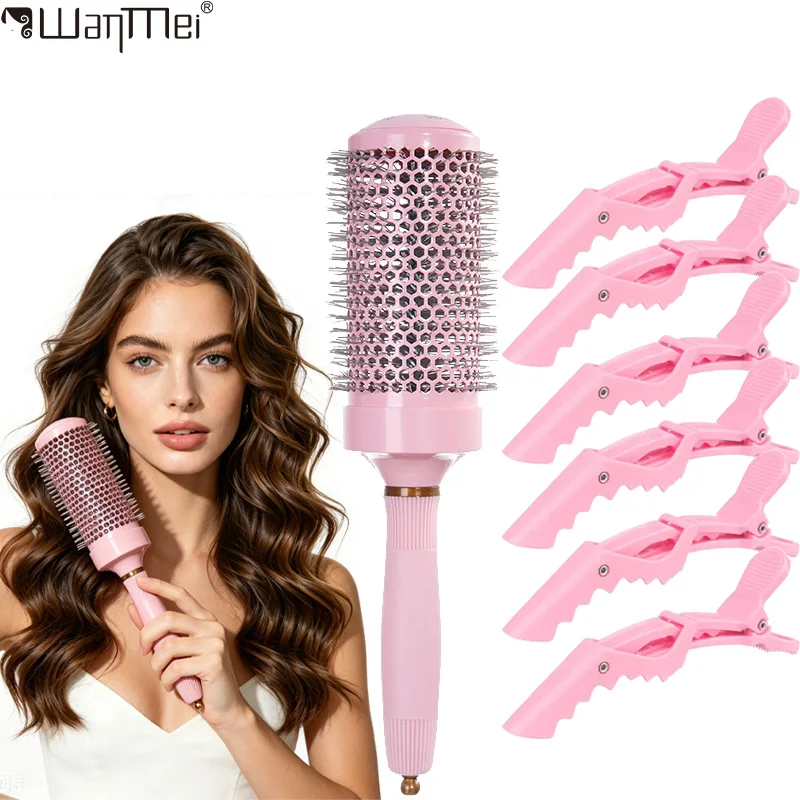 Cepillo Redondo para el Cabello con Mango Antideslizante y Pinzas de Cocodrilo, Kit Profesional para Peinar con Secador para Mujeres, Reduce el Frizz y Aporta Brillo