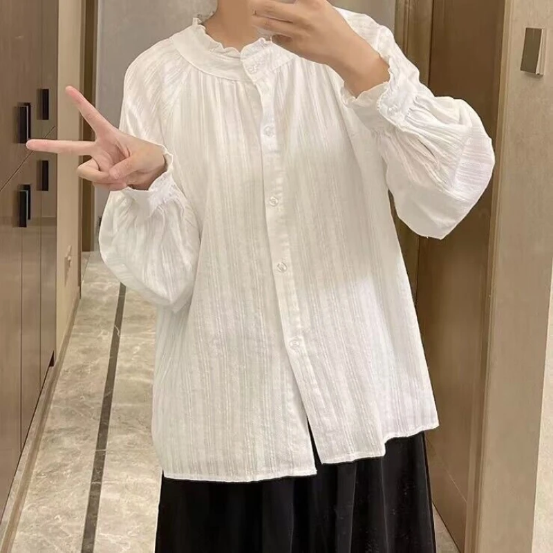 

Japanese Spring Ruffled Collar Sweet Blouse Y2k Aesthetic Single Breasted Grunge Shirt Women Harajuku Flare Sleeve Fairy Blusas