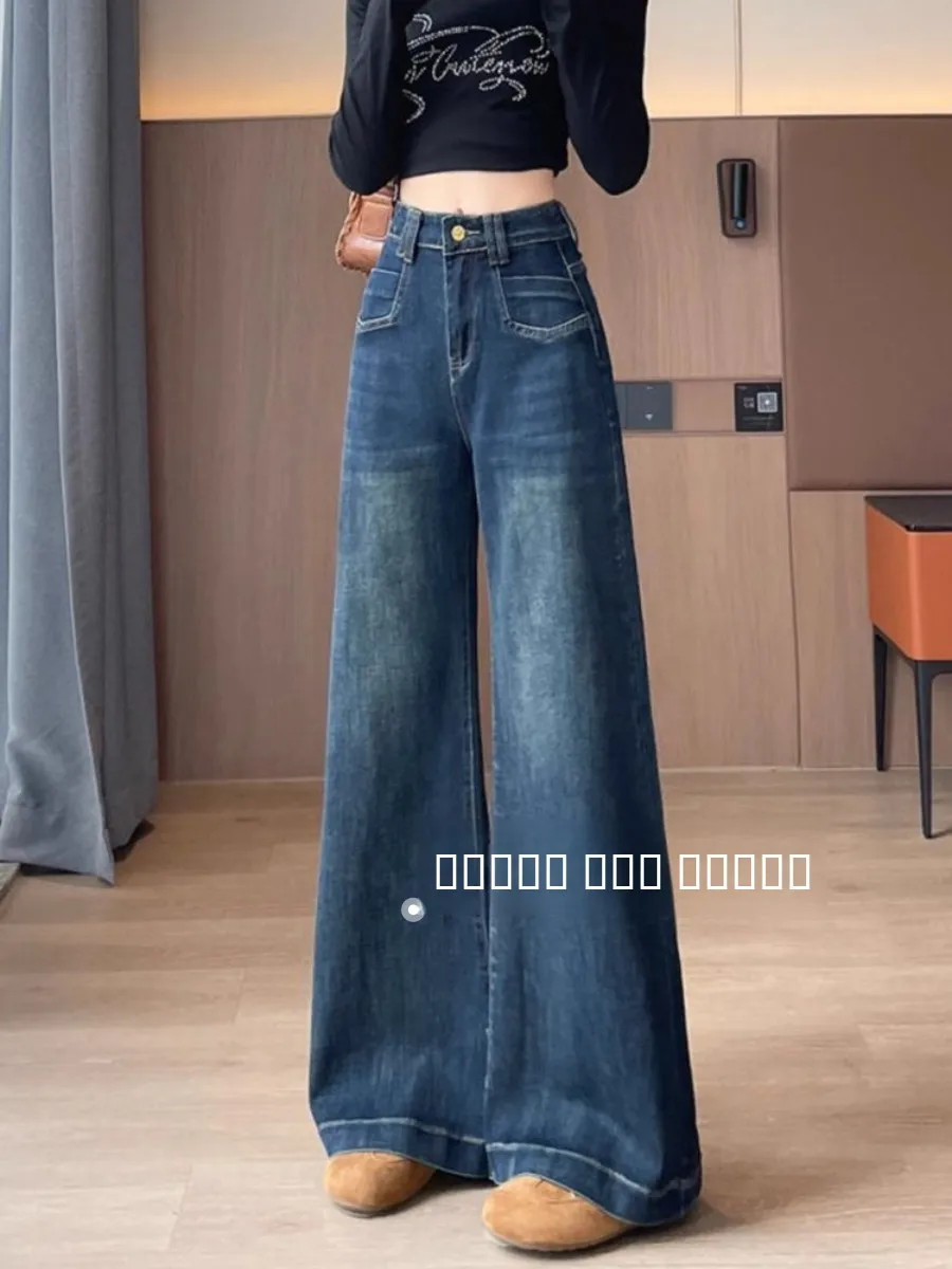 بنطلون جينز نسائي واسع الساق بتصميم ريترو أزرق مبطن للشتاء بخصر عالٍ وقصة أنيقة مناسب للارتداء اليومي مصنوع من القطن