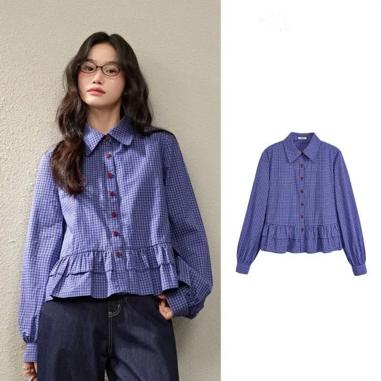 Blue Plaid Short Shirt Women's Spring Summer New Miu Style Ruffle Sleeve Top Female Fashionable Casual Business Workwear