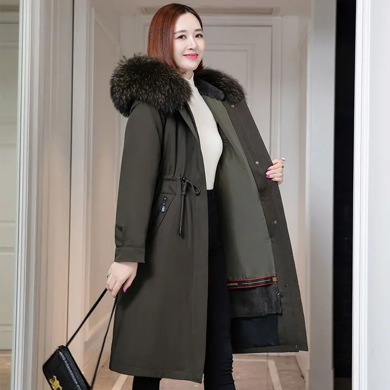 Manteau long en fourrure de raton laveur pour femme, doublure en fourrure de lapin Rex, parkas perfections d'hiver, vêtements d'extérieur chauds à capuche, optique grande taille, nouveau, 2023