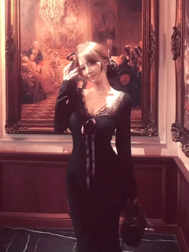 

Pure Desire Lace Splice Long Sve V-Ne Dr Women's Autumn Winter Slimming Bodycon Skirt High Waist Fi Tail Dr