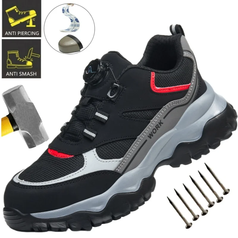 Zapatos de seguridad con punta de acero para hombre, antigolpes, antiperforación, botas de trabajo ligeras, diseño de botones elásticos, calzado de protección duradero