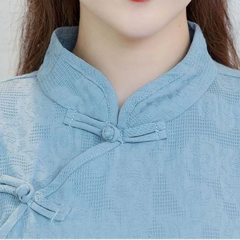 2023 Summer New Cotton Hemp Chinese Style Shirt Women Round Neck Half Sleeve Solid Color Pullovers Fashion Casual All-match Tops