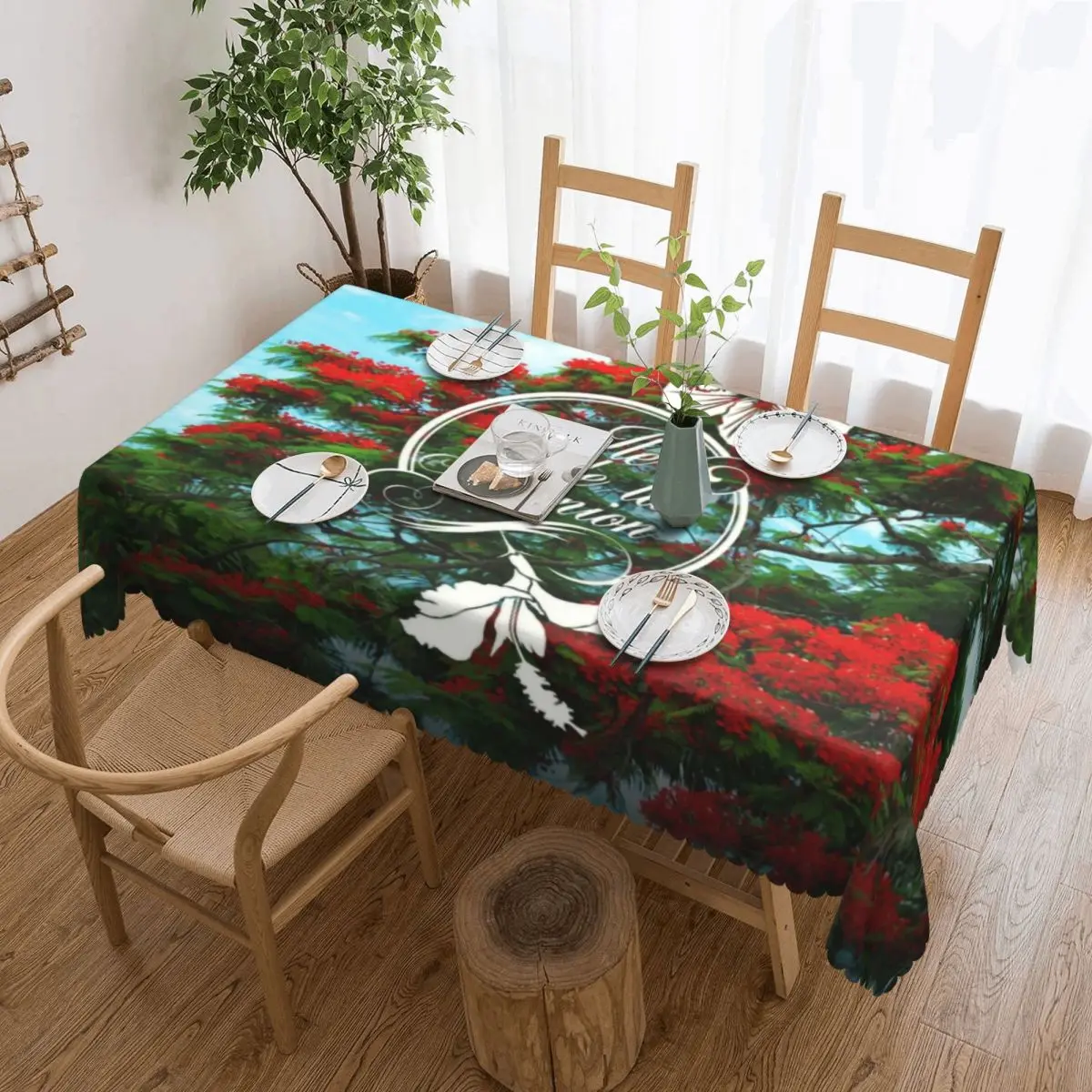 Rectangular Fitted 974 Reunion Island Flamboyant Hibiscus Table Cloth Oilproof Tablecloth Outdoor 40