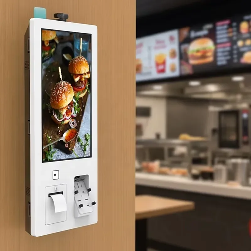 All-in-One Wall Mounted Vertical Touch POS Payment Terminal 27 Inch Self Ordering Kiosk in Restaurant