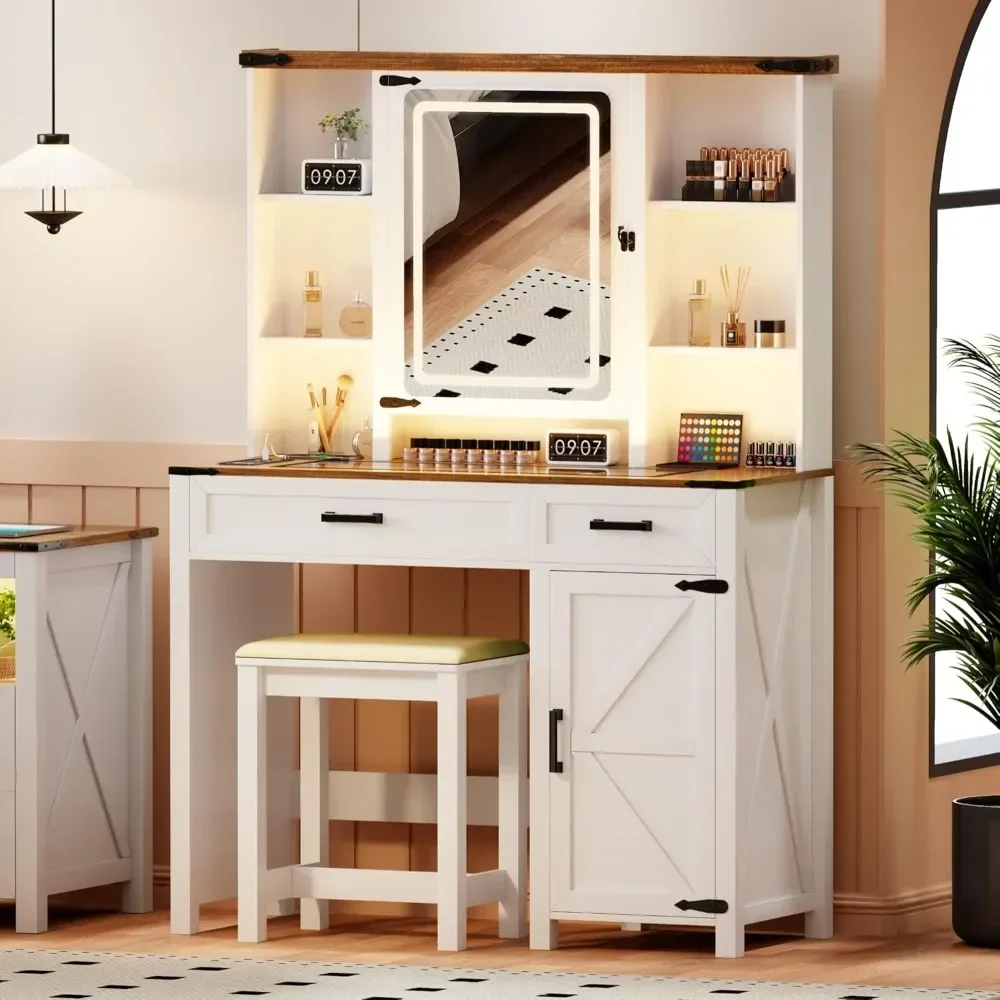# Pour Ensemble de table maquillage avec plateau en verre 40 pouces, 2 tiroirs, armoire à bijoux cachée, station développement &