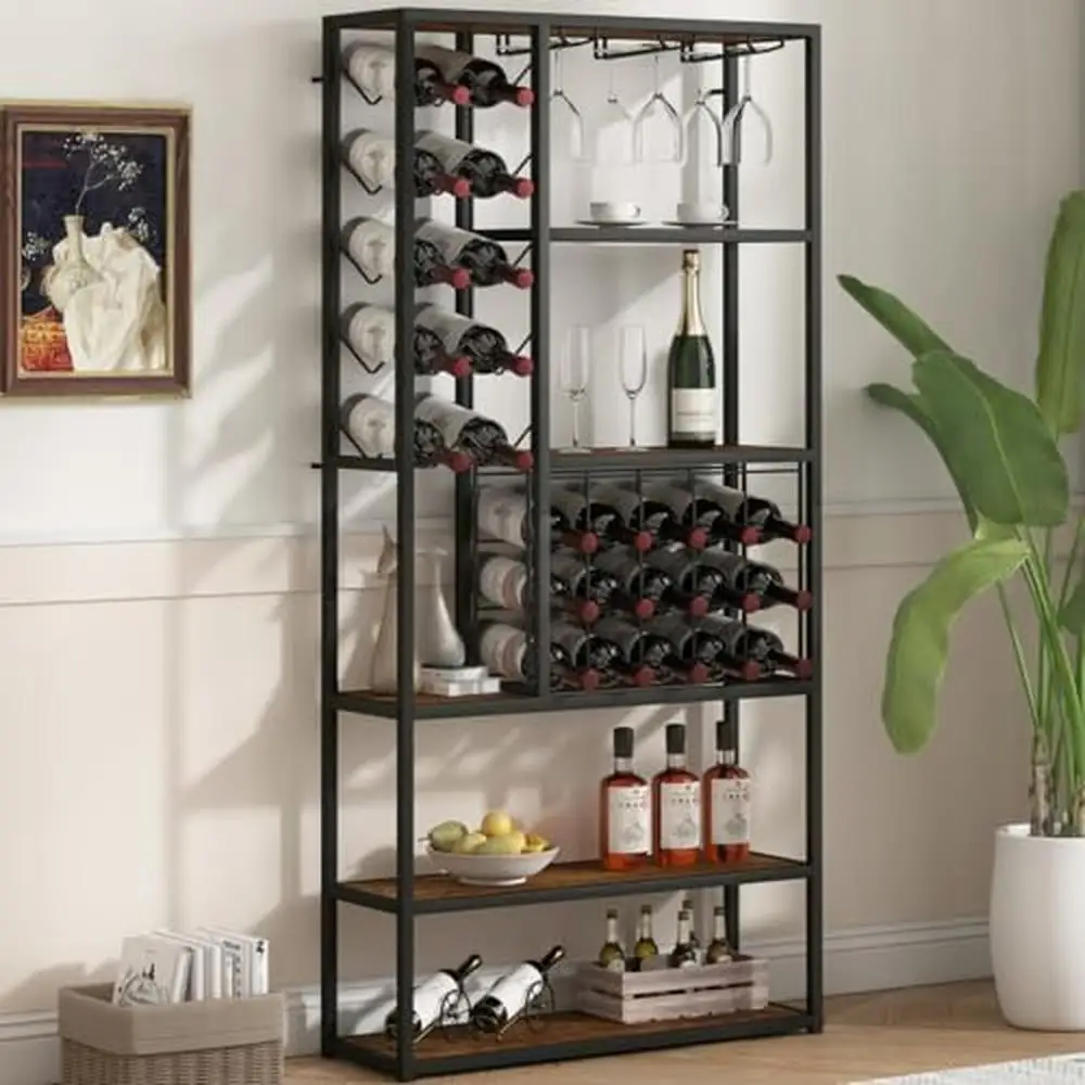 

Industrial Style Wine Bar Cabinet 5 Tier Liquor Storage with Glass Holder Farmhouse Metal Coffee Bar Holds 25 Bottles Sturdy