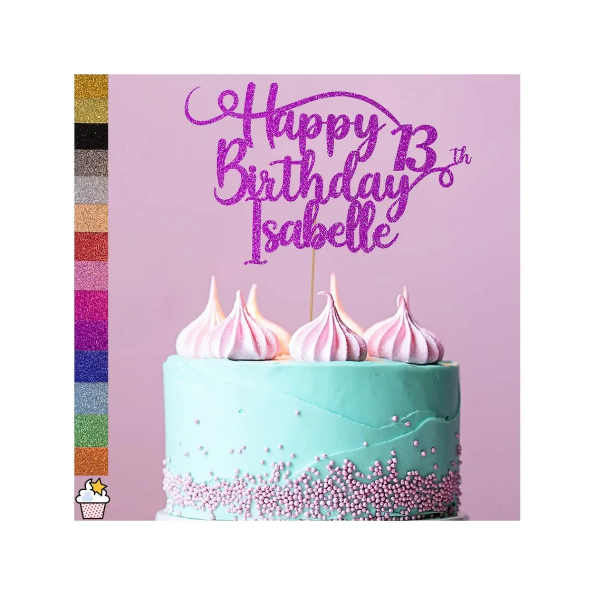 Personalised Happy Birthday Glitter Cake Topper by Cakeshop | Custom Colour Any Name & Any Age Double Sided Glitter Card Cake De