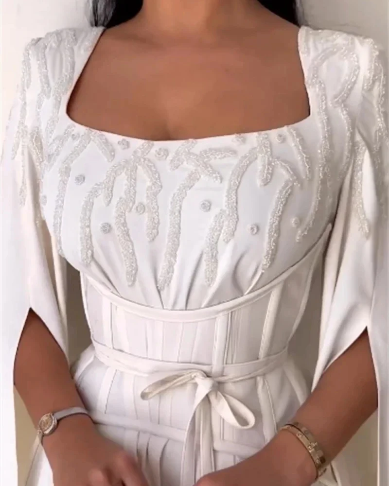 Vestido de graduación blanco para mujer, traje de moda hasta el tobillo, cinturón con cuentas, cuadrado, Arabia Saudita, vestidos de novia formales, vestidos de noche, 2024