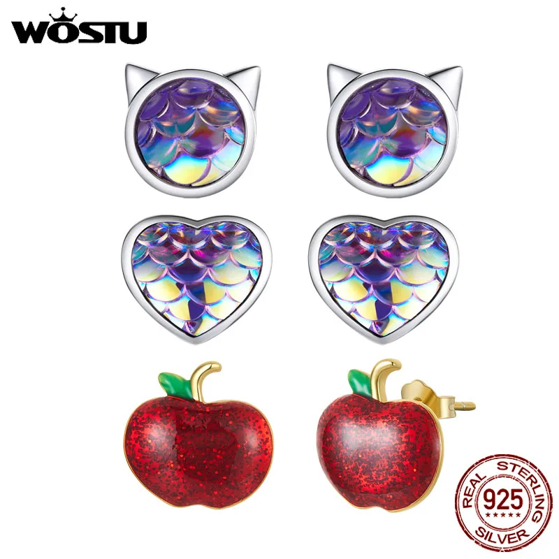 

Женские серьги-гвоздики WOSTU, серьги из стерлингового серебра 925 пробы в форме сердца и кота, ювелирные украшения
