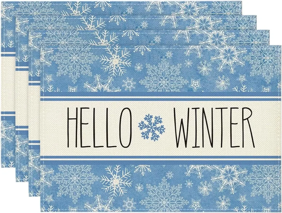 

Hello Winter Snowflake Blue Christmas Placemats Set of 4 12x18 Inch Seasonal Holiday Table Mats for Party Kitchen Dining Decor