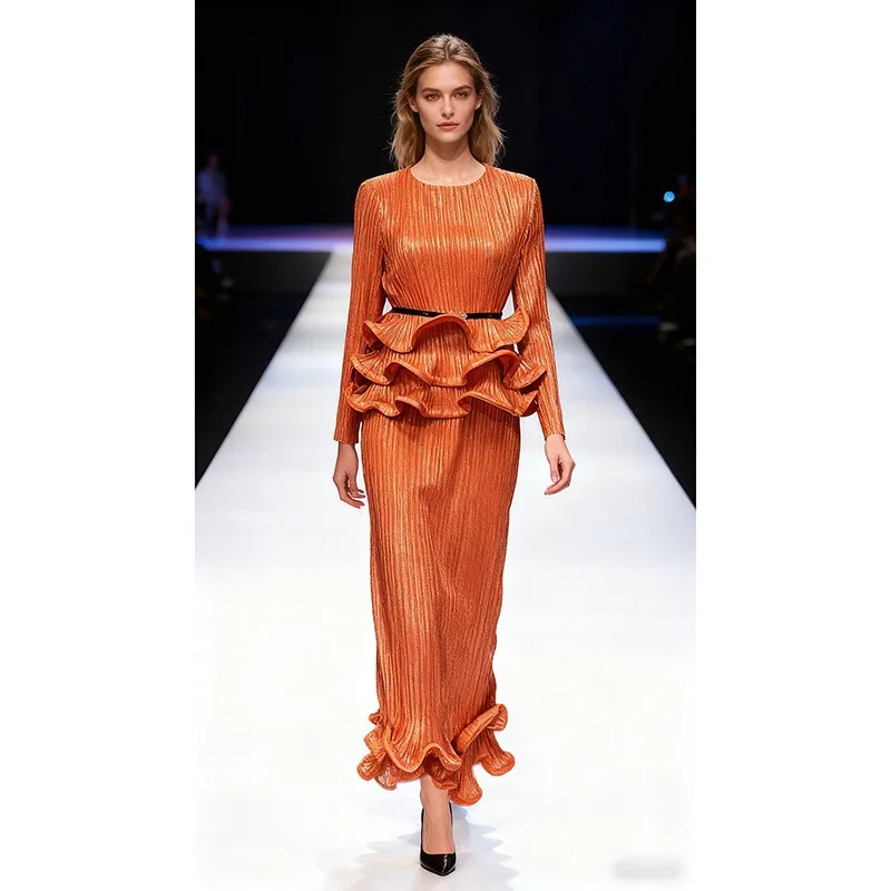 Set gonna a pieghe Miyake girocollo 2025 Nuovi pieghe Top e gonna alla moda Set da 2 pezzi Set premium dimagrante in vita definito da donna