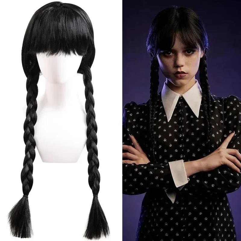 Peluca de Cosplay de Wednesday Addams, peluca sintética de doble trenzas negras de mar para Halloween, tocado, Cosplay de familia Adams, fibra resistente al calor