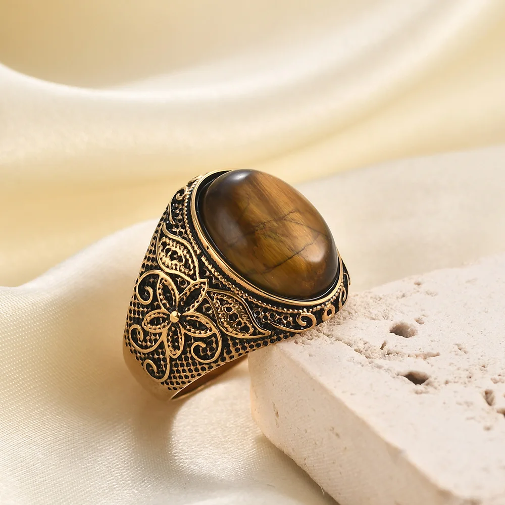 VQYSKO Punk Vintage Style Rattan Pattern Cat Eye Stone Inlaid Natural Stone Rings for Husband Wife Mom Dad Lover Gift Jewelry