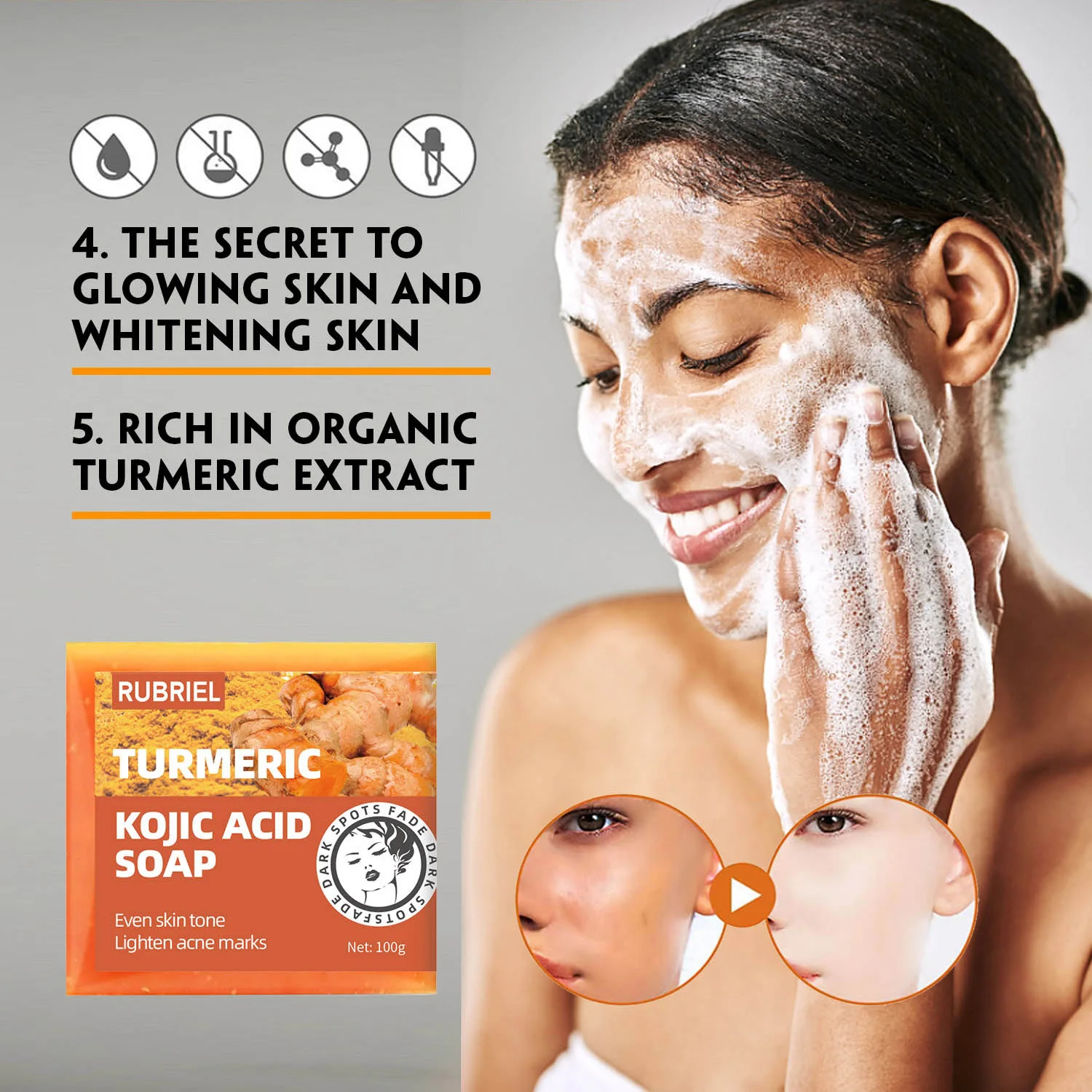 

Turmeric Kojic Acid Soap Whitening Even Skin Tone Acne Removal Soaps for Dark Spot Skin Deep Cleansing Hydrating Handmade Soap