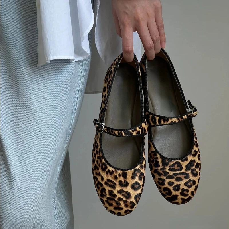 Fashionable Diamond Leopard Print Mary Jane Shoes 2025 New Spring and Autumn Laofers Casual Soft Leather Comfortable Ballet Flat