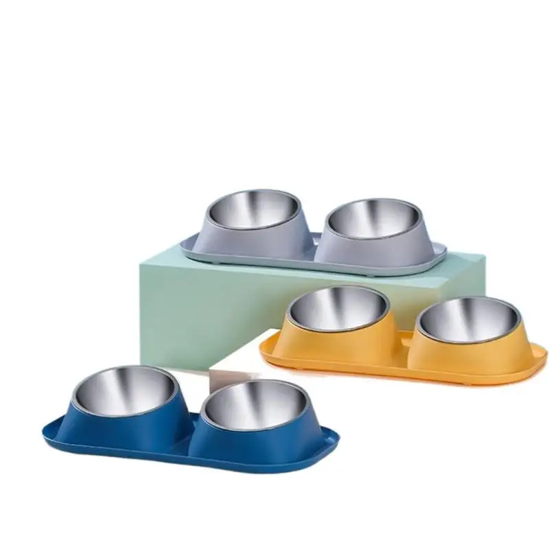1pc Stainless Steel Double Dog Bowl Cat Food Container Non-slip Base Pet Water Feeder Tilt Safeguard Neck Bowls view 6