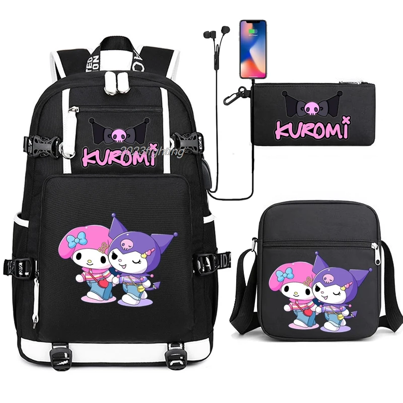 Black Kuromi Backpacks USB Girl School Bag Teenage College Style Students Women SchoolBag High Student Bag Laptop Canvas Mochila